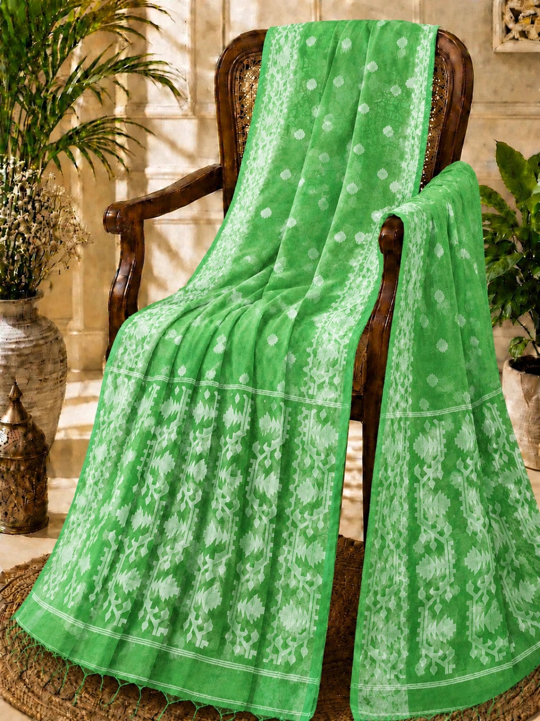 Lime Green Muslin Jamdani Saree with White Floral Buti and Traditional Woven Border