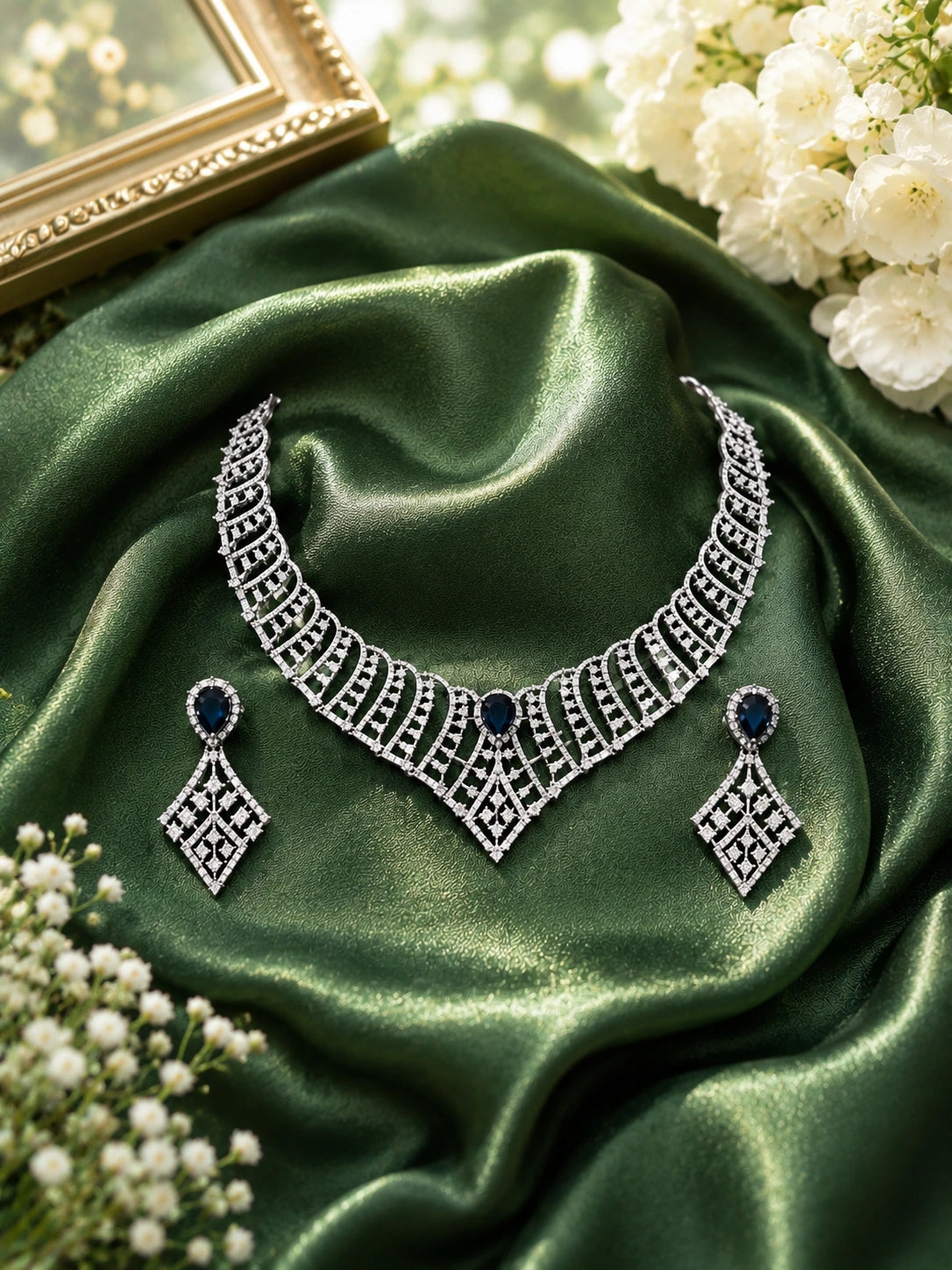 Silver-Tone Blue Stone Geometric Statement Necklace and Drop Earrings Set