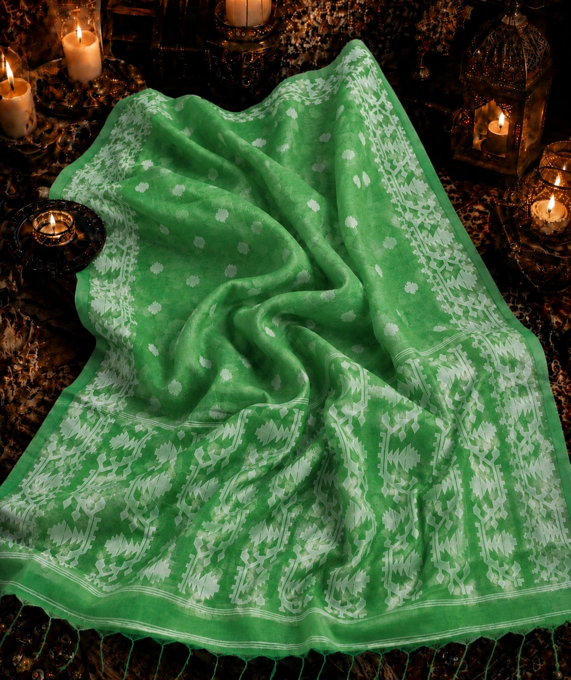 Lime Green Muslin Jamdani Saree with White Floral Buti and Traditional Woven Border
