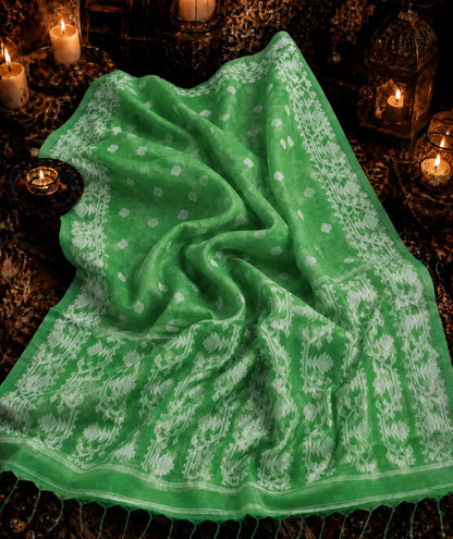 Lime Green Muslin Jamdani Saree with White Floral Buti and Traditional Woven Border