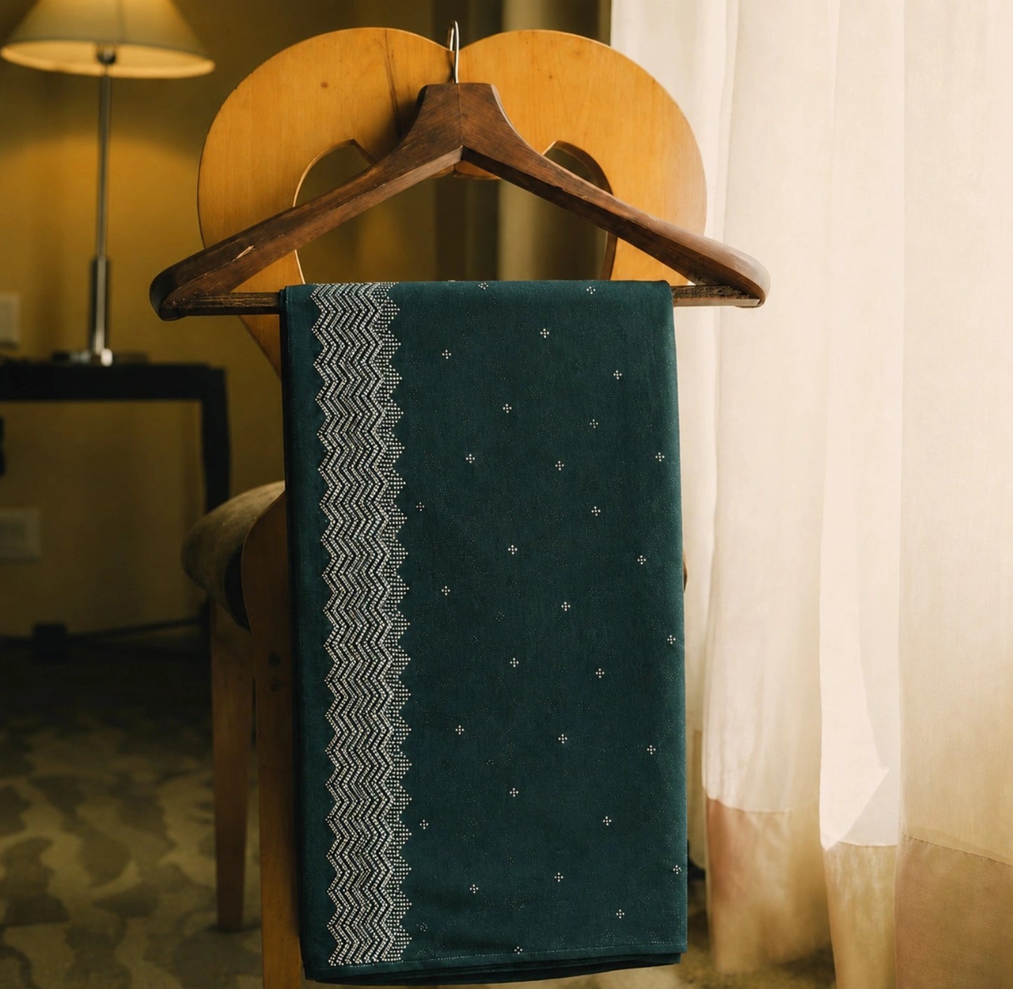 Deep Teal Fandy Silk Designer Saree with Silver Zigzag Border and Buti Work