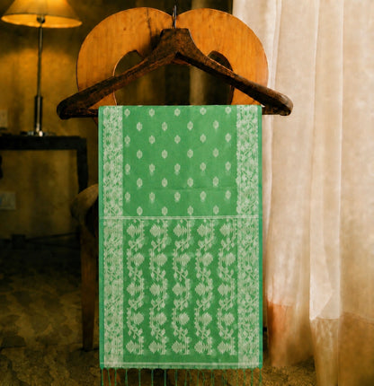 Lime Green Muslin Jamdani Saree with White Floral Buti and Traditional Woven Border