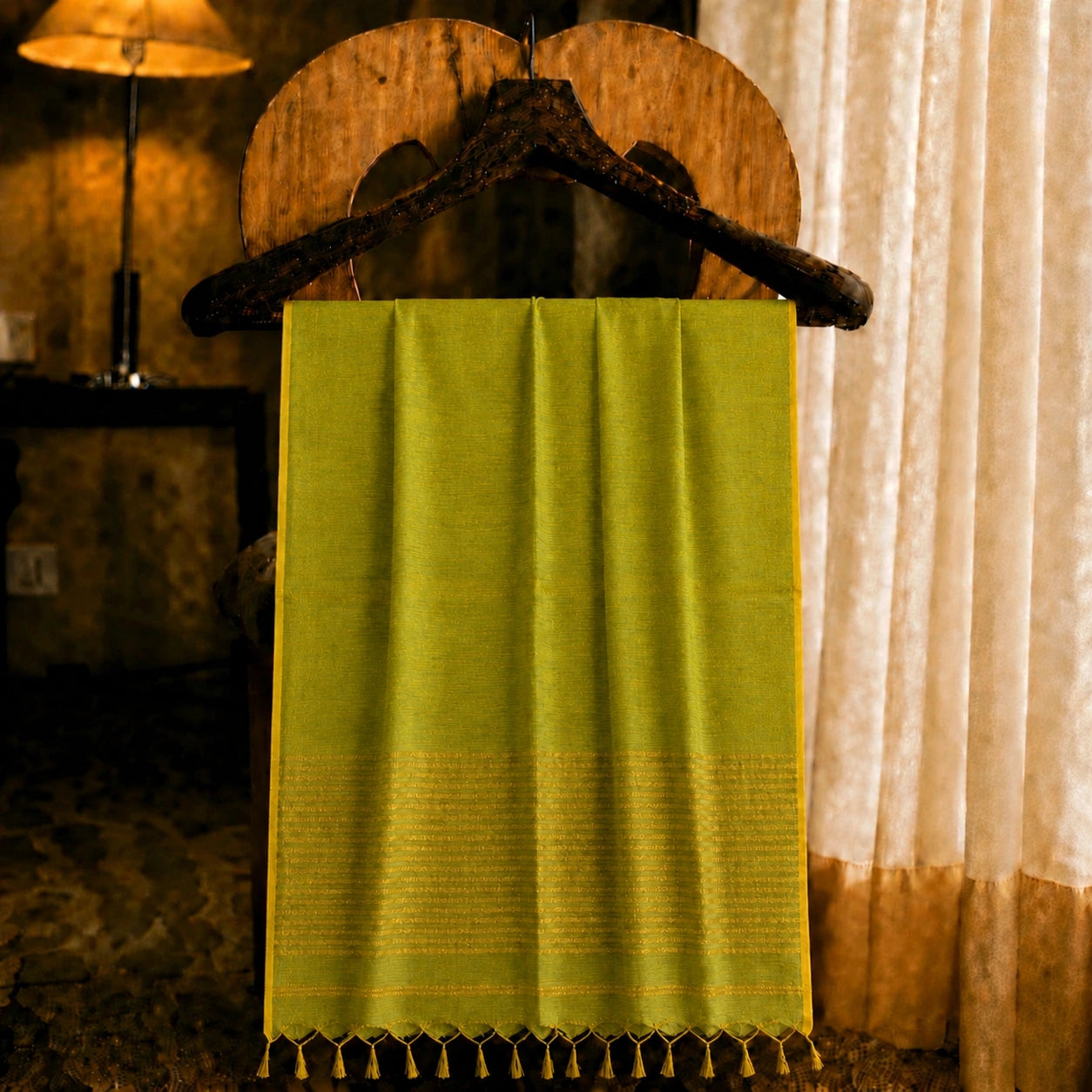 Olive Green Linen Zari Saree with Gold Striped Pallu and Tassel Finish
