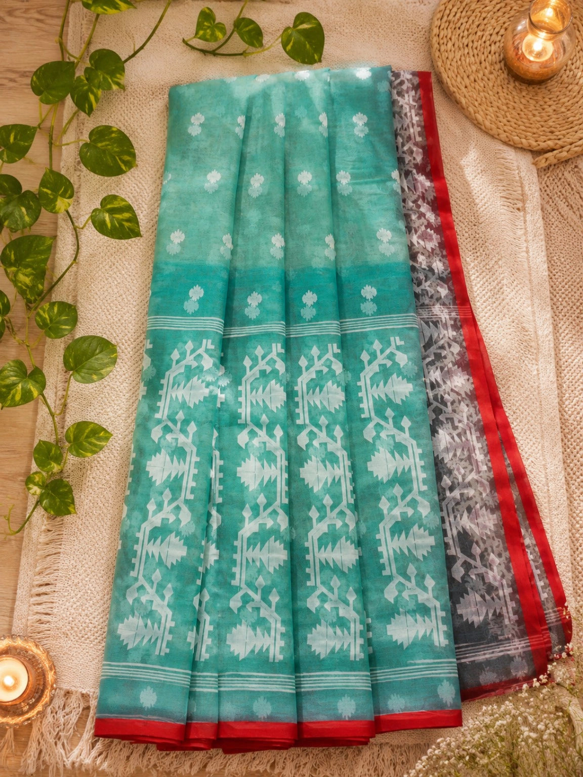 Aqua Green Jamdani Style Saree with White Floral Buti and Geometric Woven Border