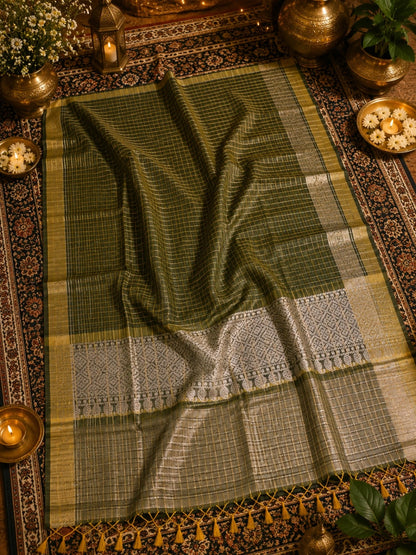 Olive Green Check Saree with Silver Zari Pallu & Traditional Woven Border
