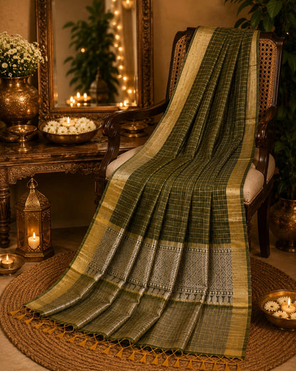 Olive Green Check Saree with Silver Zari Pallu & Traditional Woven Border