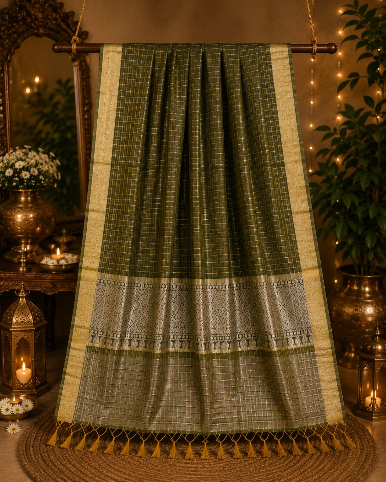 Olive Green Check Saree with Silver Zari Pallu & Traditional Woven Border