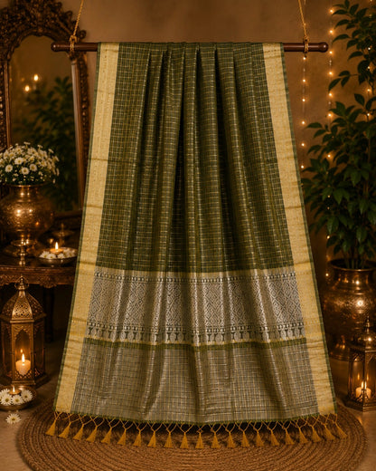 Olive Green Check Saree with Silver Zari Pallu & Traditional Woven Border