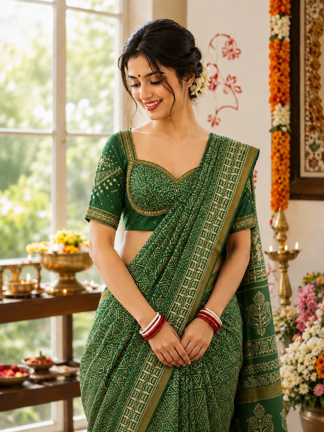 Sage Green Maheshwari Silk Saree with Tribal Geometric Print and Floral Border Design