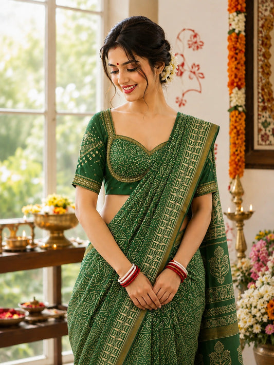 Sage Green Maheshwari Silk Saree with Tribal Geometric Print and Floral Border Design