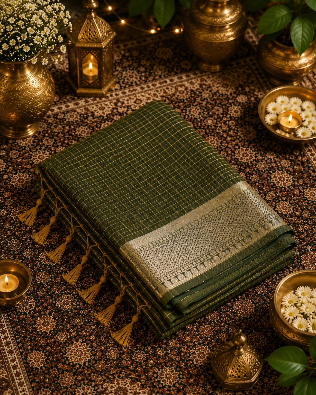 Olive Green Check Saree with Silver Zari Pallu & Traditional Woven Border
