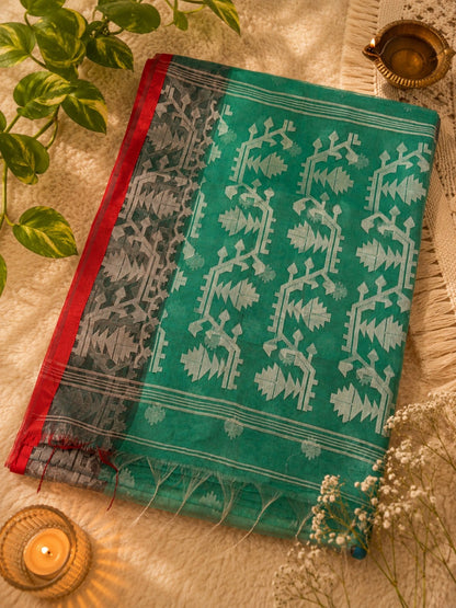Aqua Green Jamdani Style Saree with White Floral Buti and Geometric Woven Border