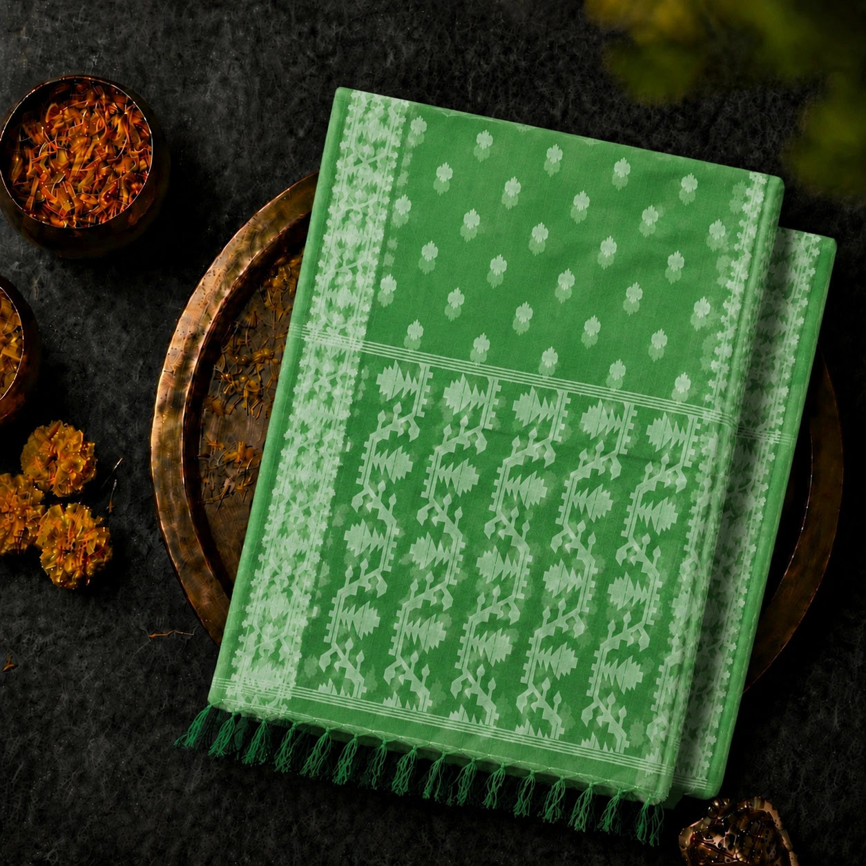 Lime Green Muslin Jamdani Saree with White Floral Buti and Traditional Woven Border