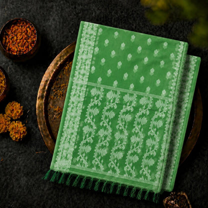 Lime Green Muslin Jamdani Saree with White Floral Buti and Traditional Woven Border