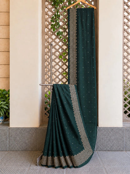 Deep Teal Fandy Silk Designer Saree with Silver Zigzag Border and Buti Work