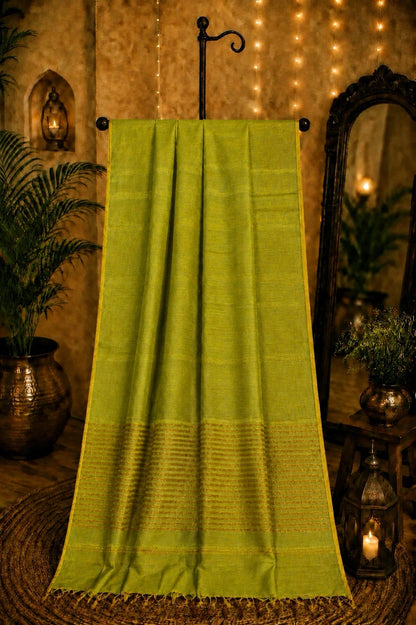 Olive Green Linen Zari Saree with Gold Striped Pallu and Tassel Finish