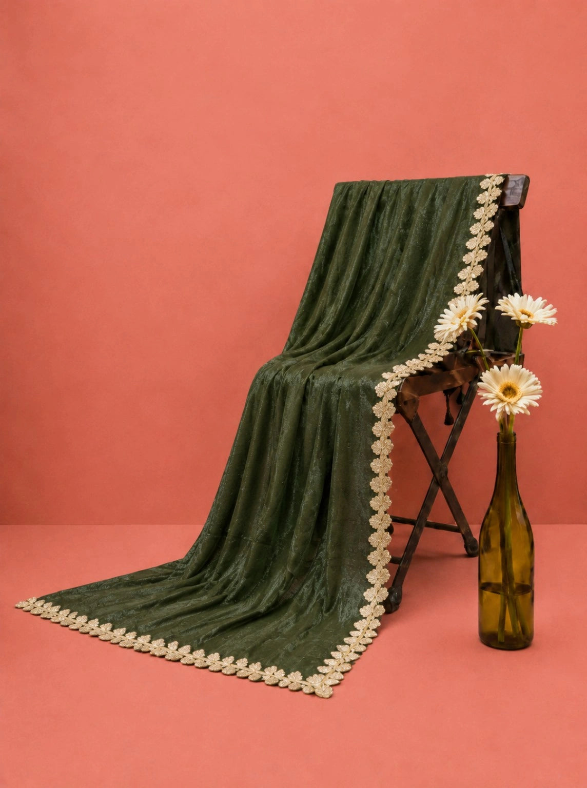 Olive Green Fandy Satin Saree with Floral Lace Border Elegant Festive Wear Saree