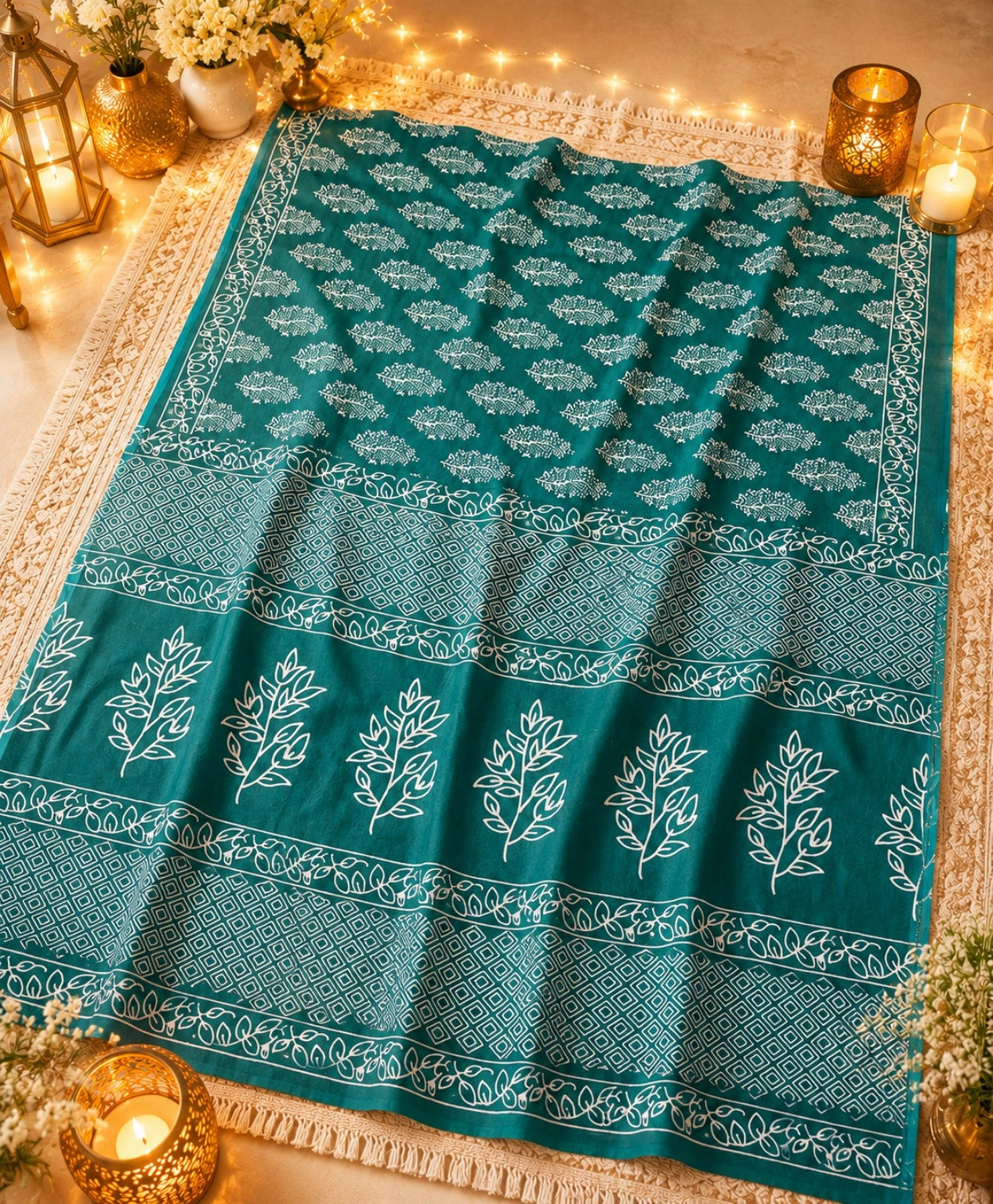 Teal Green Mul Cotton Saree with White Botanical Motifs and Geometric Border Design