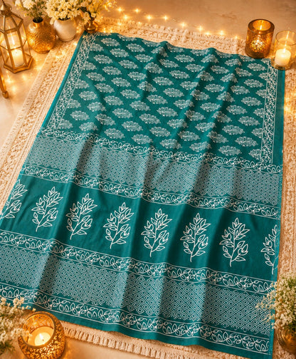 Teal Green Mul Cotton Saree with White Botanical Motifs and Geometric Border Design