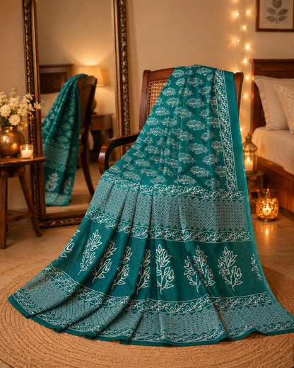 Teal Green Mul Cotton Saree with White Botanical Motifs and Geometric Border Design