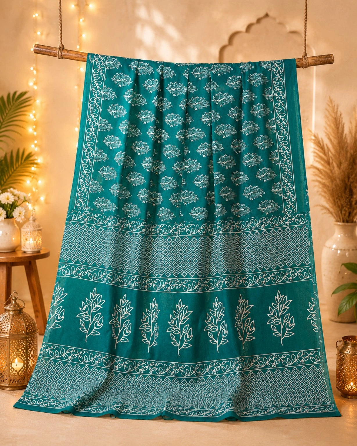Teal Green Mul Cotton Saree with White Botanical Motifs and Geometric Border Design