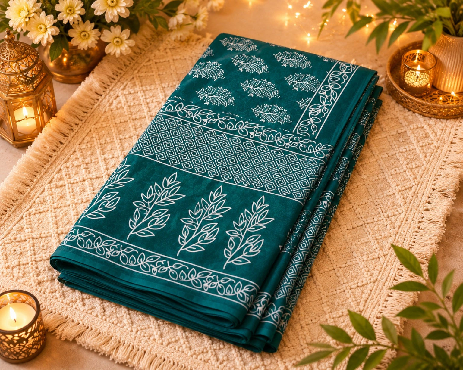 Teal Green Mul Cotton Saree with White Botanical Motifs and Geometric Border Design