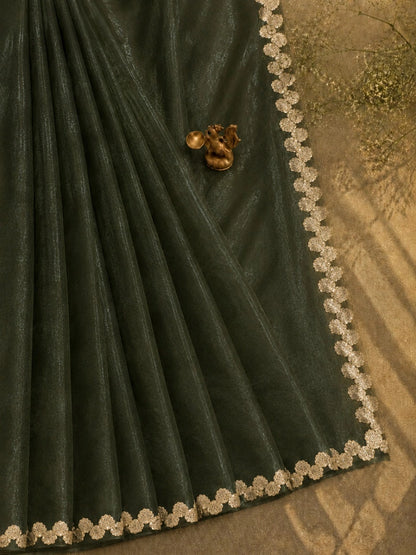 Olive Green Fandy Satin Saree with Floral Lace Border Elegant Festive Wear Saree