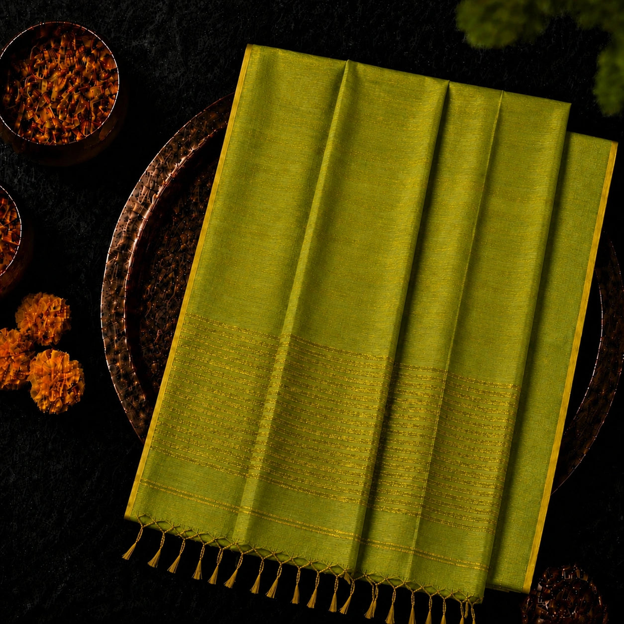 Olive Green Linen Zari Saree with Gold Striped Pallu and Tassel Finish