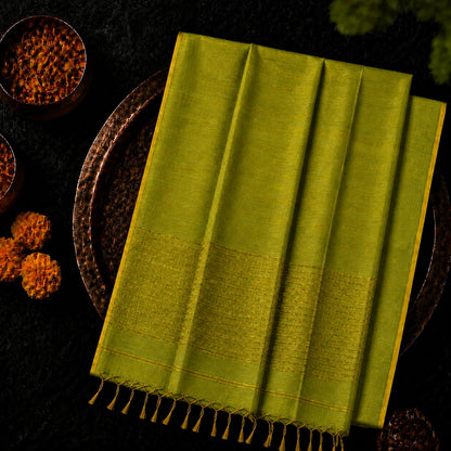 Olive Green Linen Zari Saree with Gold Striped Pallu and Tassel Finish