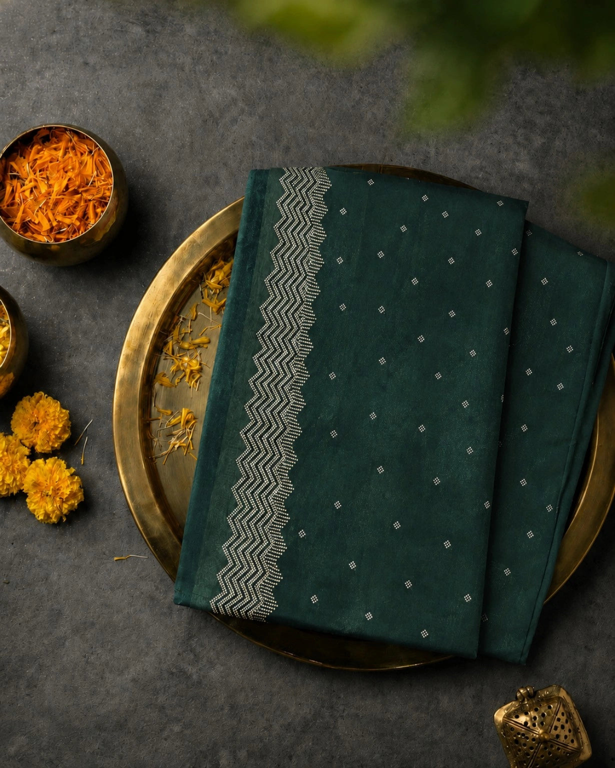 Deep Teal Fandy Silk Designer Saree with Silver Zigzag Border and Buti Work