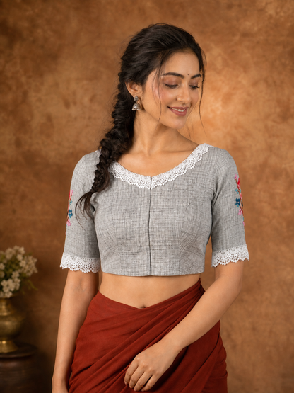 Pure Cotton Grey Thread Embroidered Floral Blouse for Women