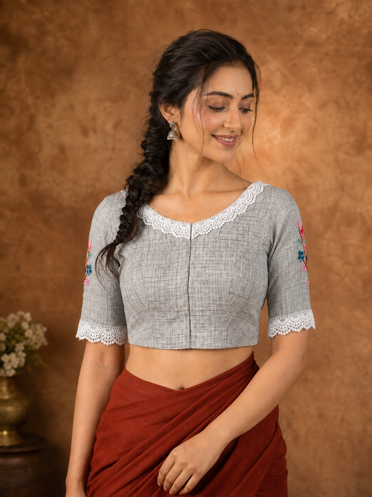 Pure Cotton Grey Thread Embroidered Floral Blouse for Women