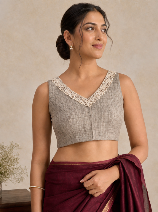 Grey Raw Silk Sweetheart Neck Sleeveless Floral Embroidered Blouse with Lace Neckline