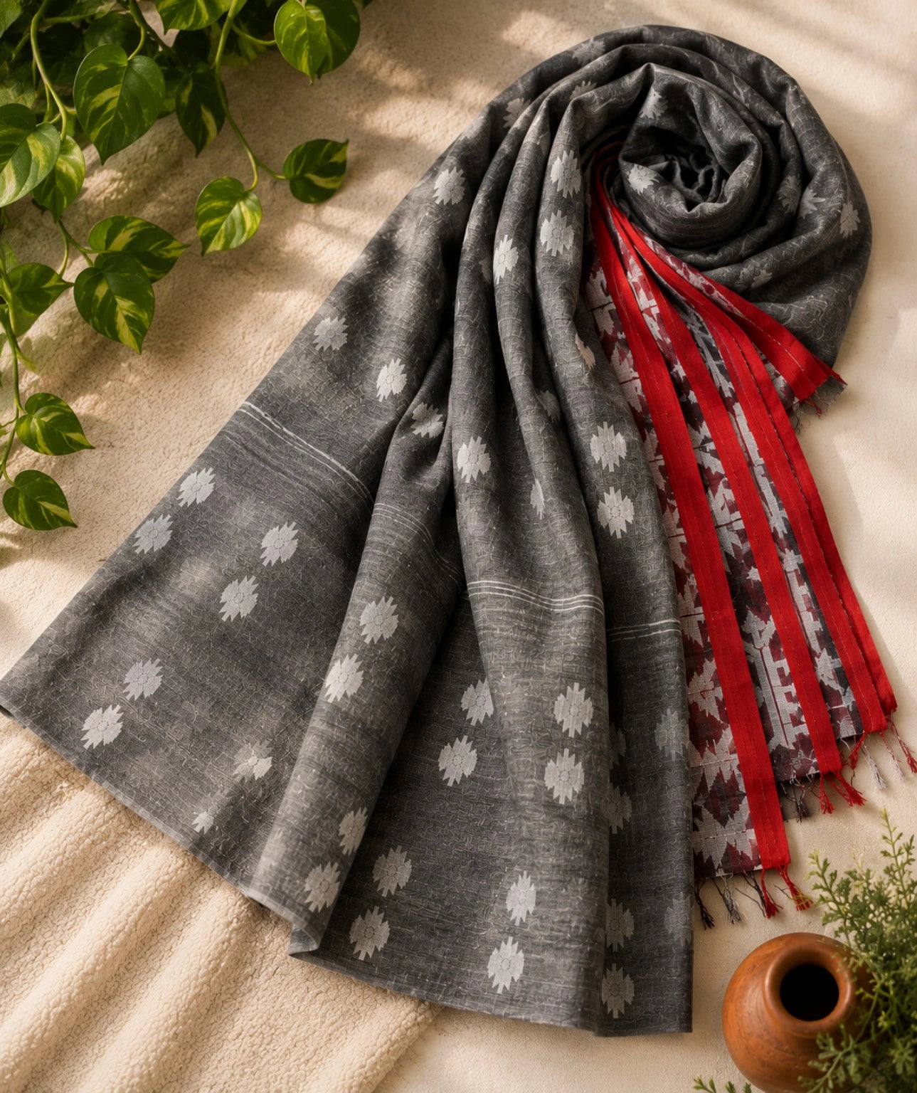 Charcoal Grey Jamdani Style Saree with White Floral Buti and Maroon Geometric Border