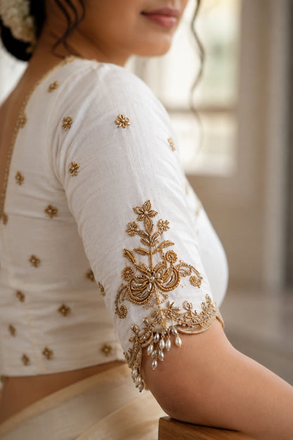 White Raw Silk Bridal Ari Work Embroidered Blouse for Wedding & Festive Wear 
