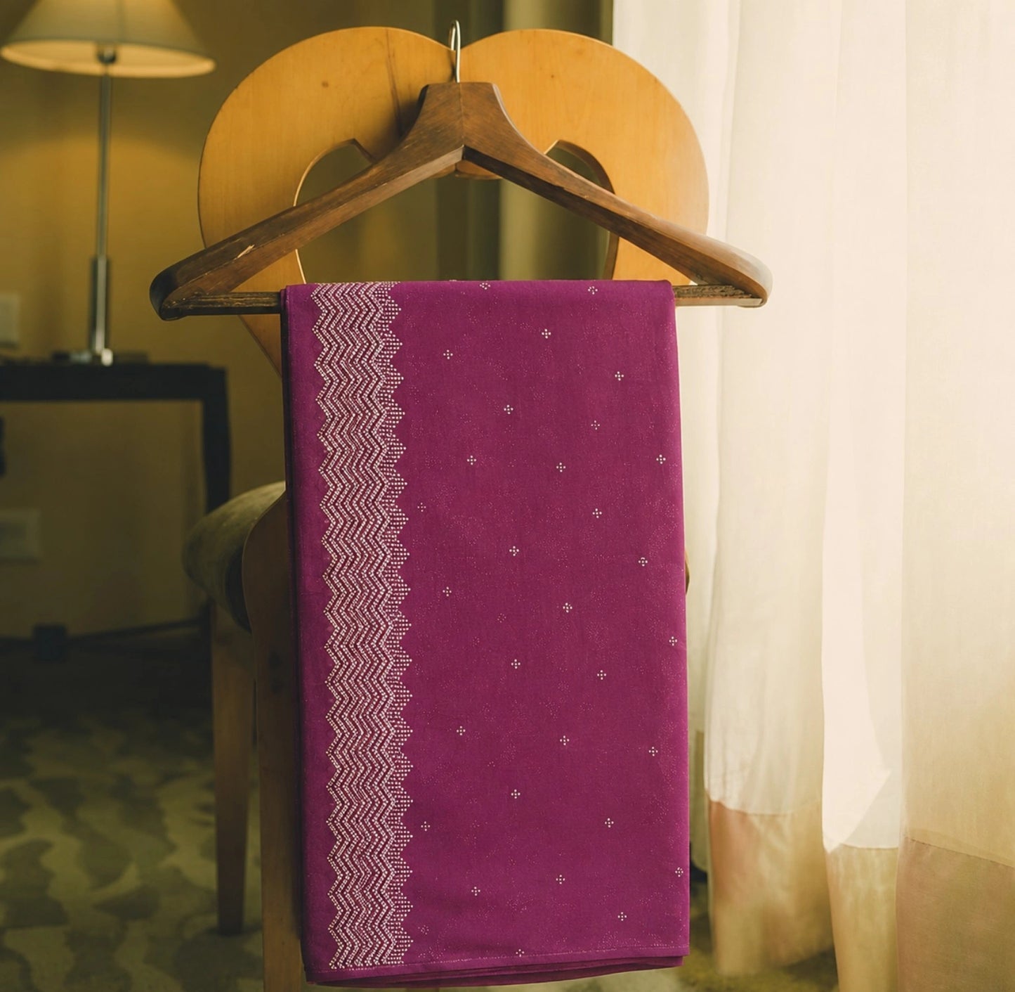 Magenta Fandy Silk Designer Saree with Silver Zigzag Border and Buti Work