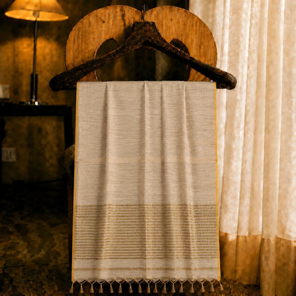 Elegant Beige Linen Zari Saree with Gold Striped Pallu & Subtle Border