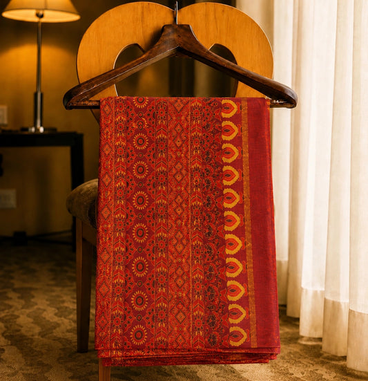 Maroon Kota Doria Hand Block Print Saree with Geometric Diamond Motifs & Traditional Borders (Copy)