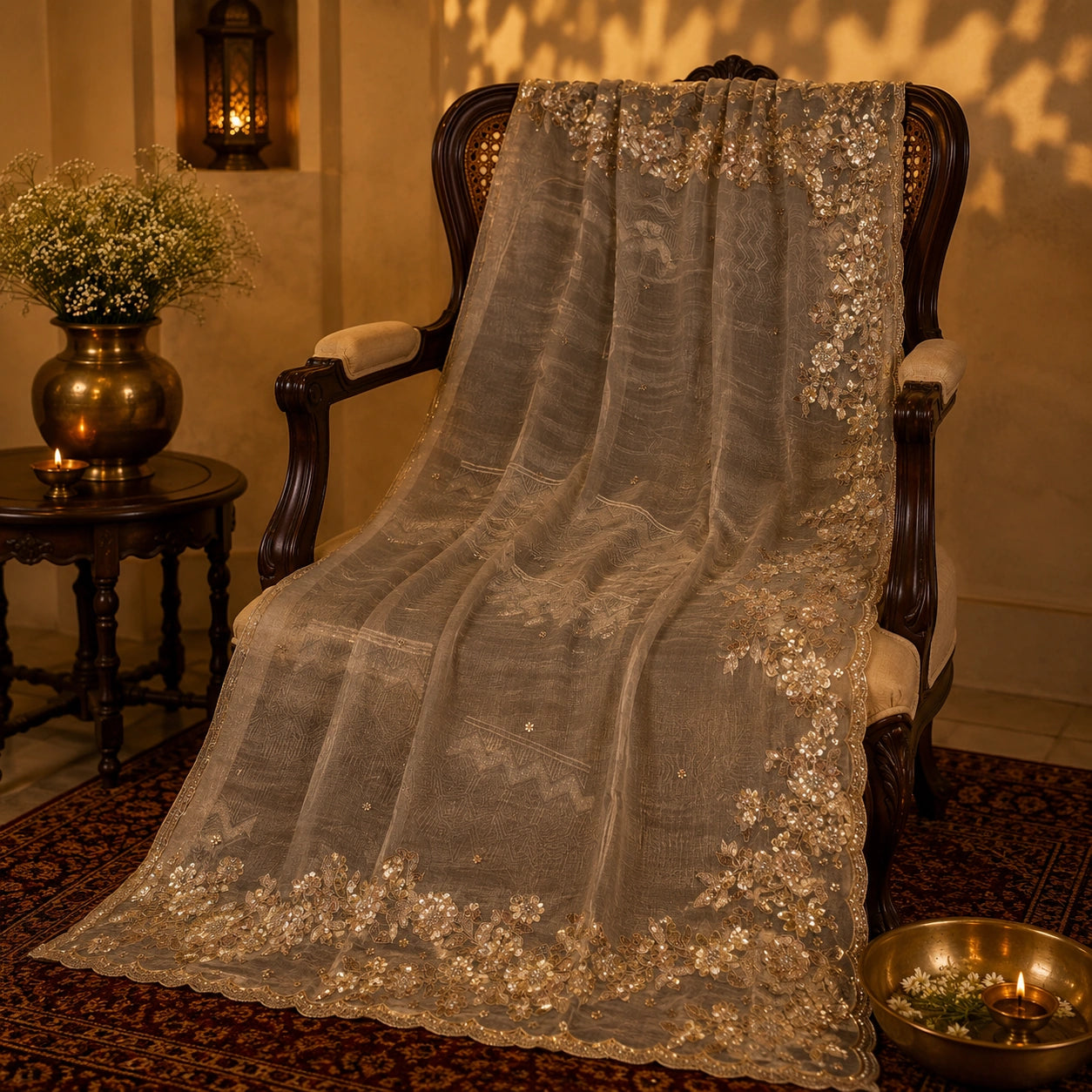 Taupe Pure Crush Tissue Saree with Sequins Floral Embroidered Scalloped Border