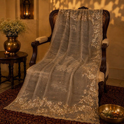 Taupe Pure Crush Tissue Saree with Sequins Floral Embroidered Scalloped Border