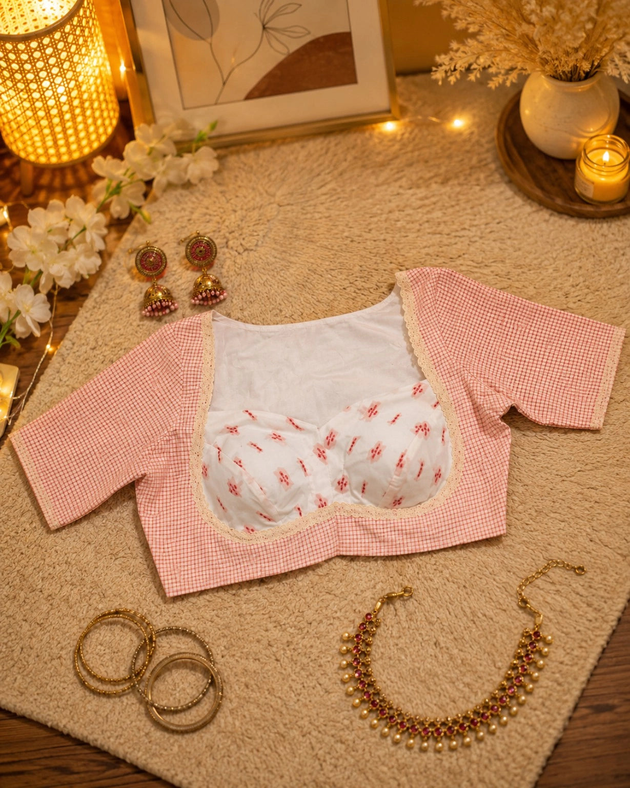 WEVOW White Handloom Cotton Jacquard Lace Work Blouse with Pink Check Sleeves