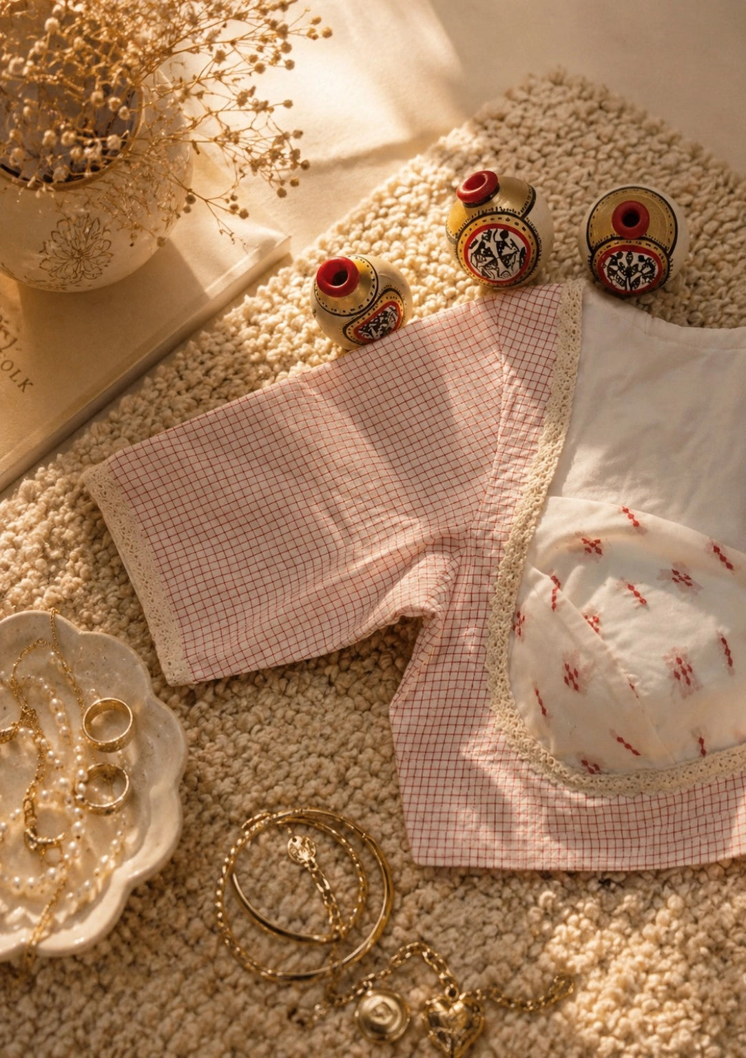 WEVOW White Handloom Cotton Jacquard Lace Work Blouse with Pink Check Sleeves
