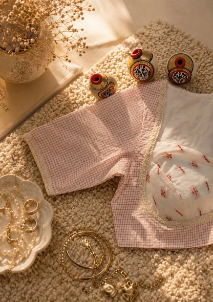 WEVOW White Handloom Cotton Jacquard Lace Work Blouse with Pink Check Sleeves