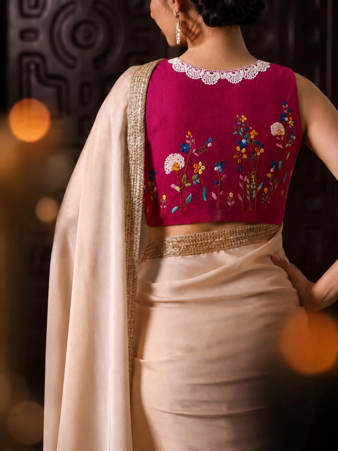 Pure Cotton Deep Magenta Floral Thread Embroidered Air Neck Blouse with Sequin Work
