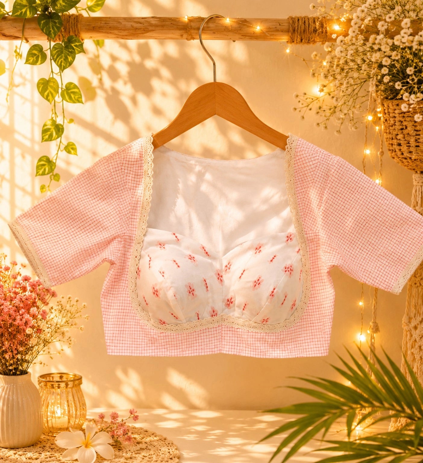 WEVOW White Handloom Cotton Jacquard Lace Work Blouse with Pink Check Sleeves
