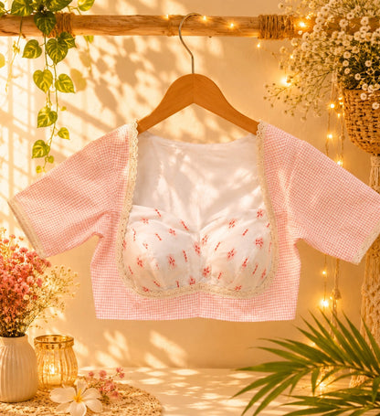 WEVOW White Handloom Cotton Jacquard Lace Work Blouse with Pink Check Sleeves