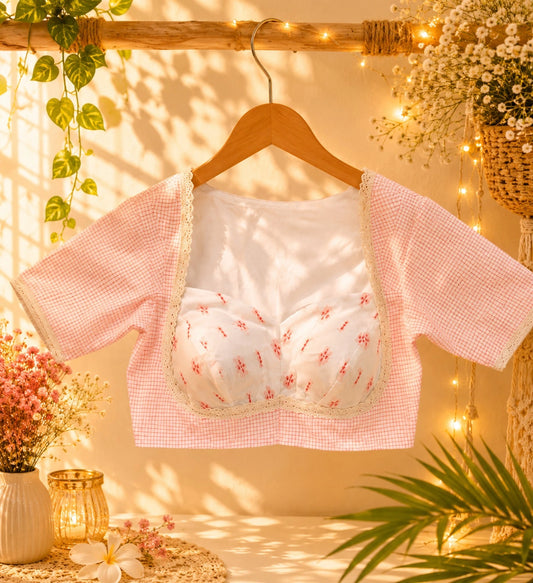 WEVOW White Handloom Cotton Jacquard Lace Work Blouse with Pink Check Sleeves