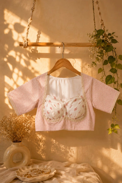 WEVOW White Handloom Cotton Jacquard Lace Work Blouse with Pink Check Sleeves