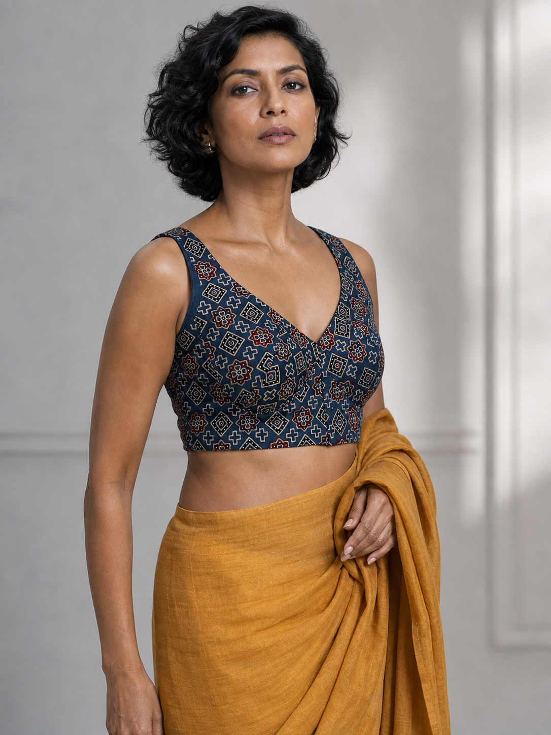 Indigo Blue Ajrakh V Neck Sleeveless Blouse on Model