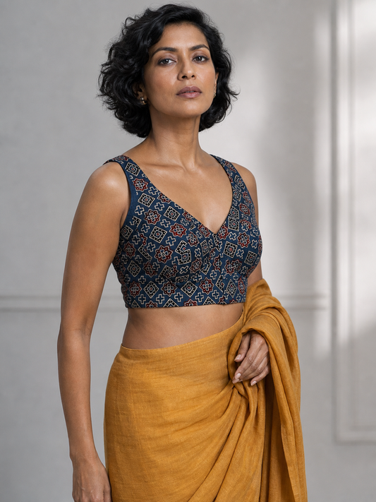 Indigo Blue Ajrakh V Neck Sleeveless Blouse on Model